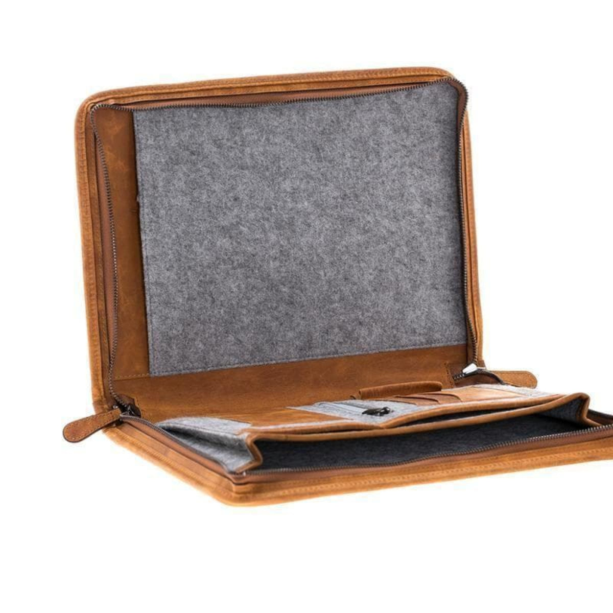 Brown leather portfolio with gray interior on a white background