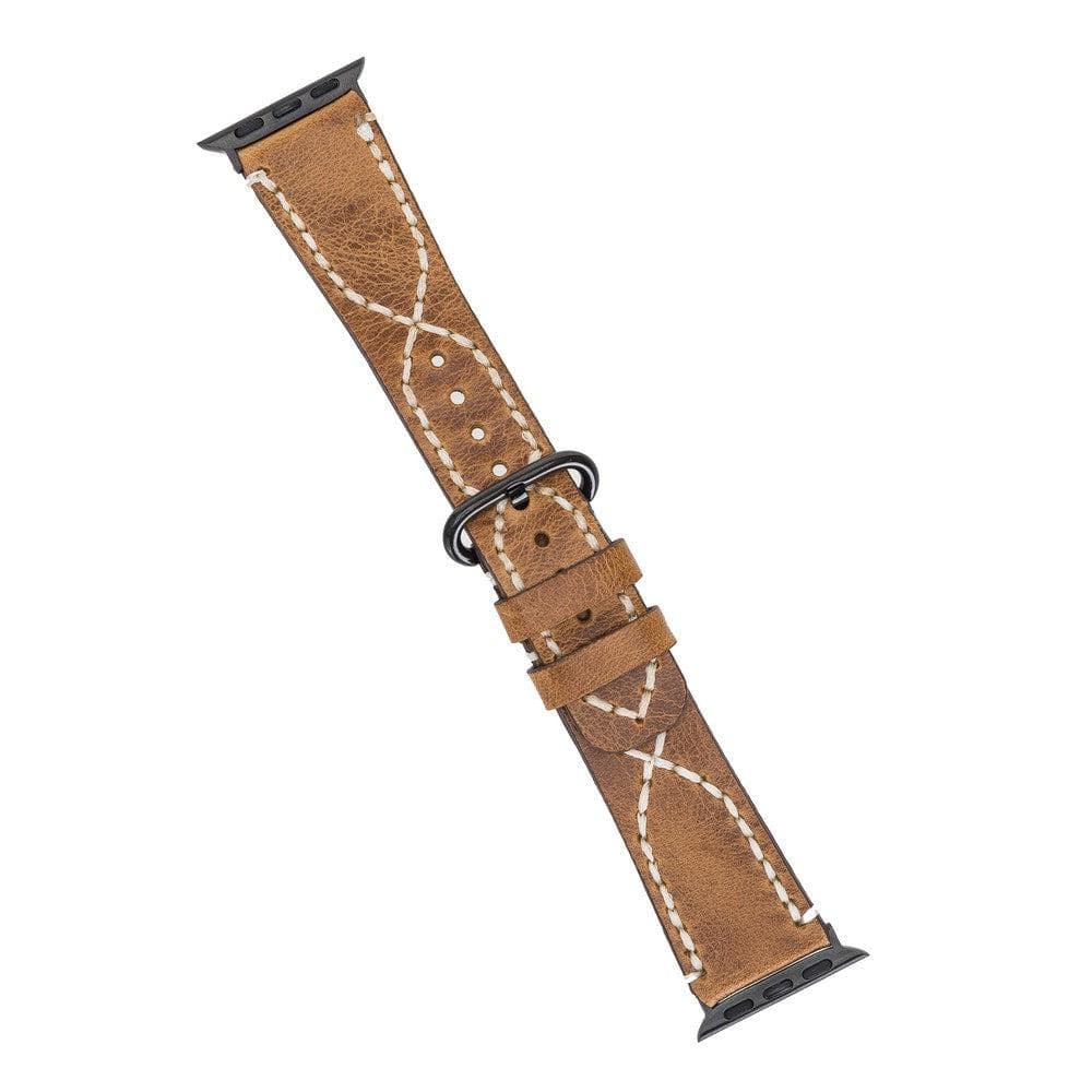 Brown leather watch strap with white stitching on a white background