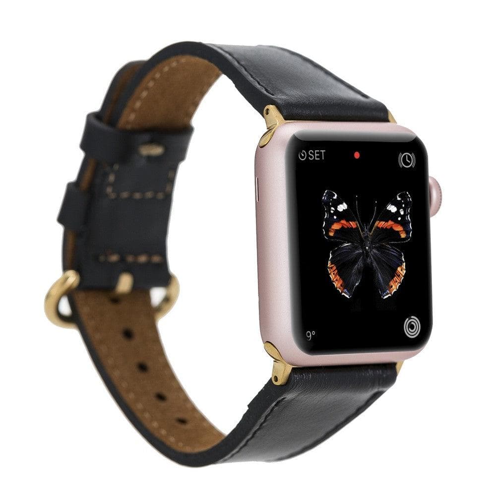 Black leather Apple Watch band with stainless steel clasp
