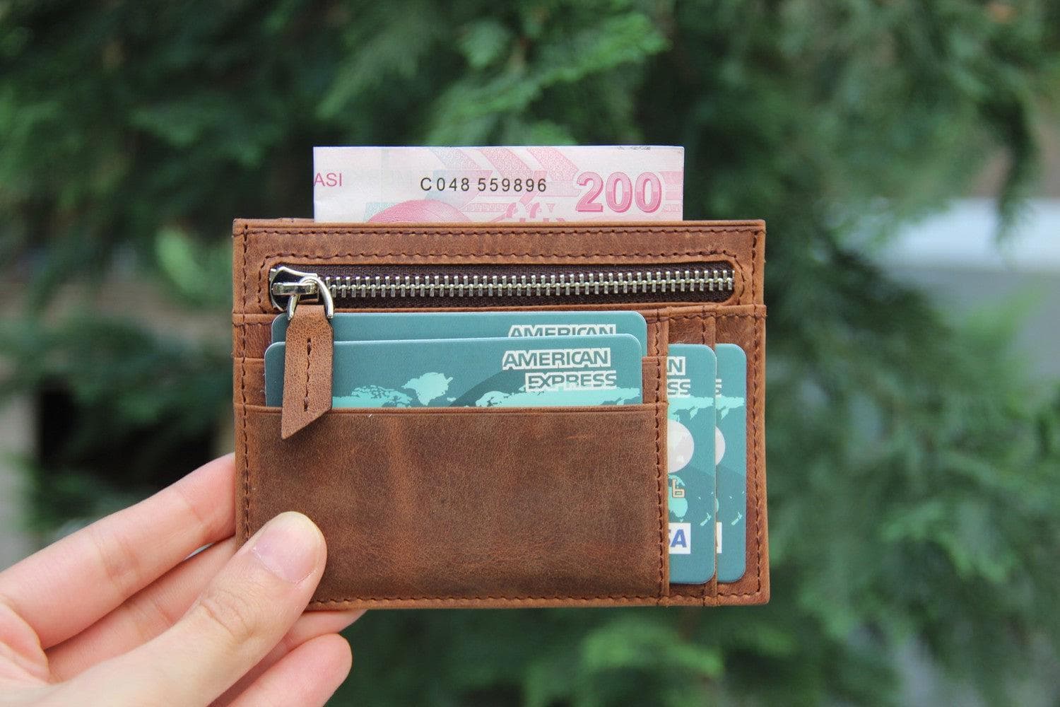 Porte-cartes zippé en cuir