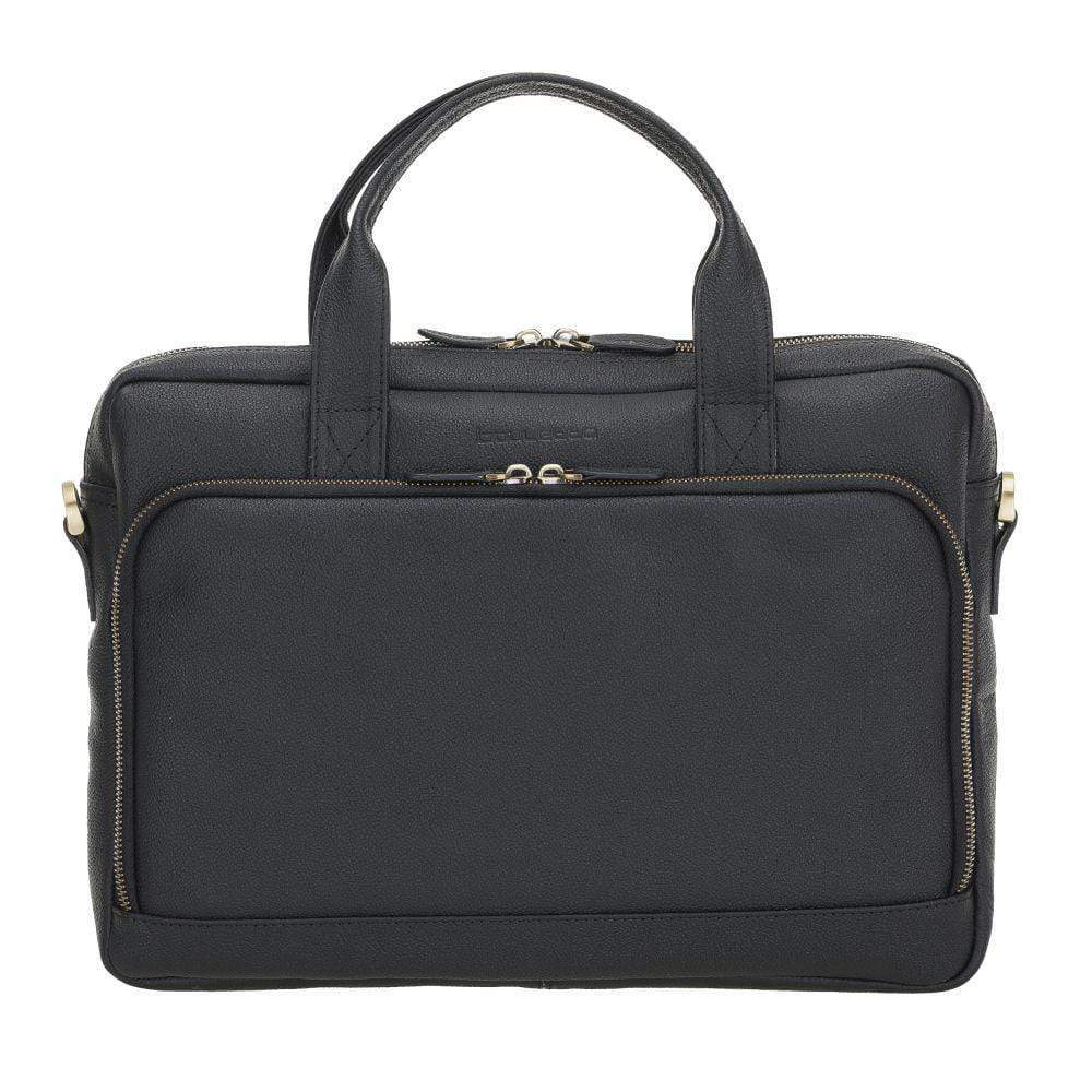 A black Troy 13-inch genuine leather laptop bag with a zippered main compartment and additional zippered sections, designed for 13-inch and six-dimensional devices.