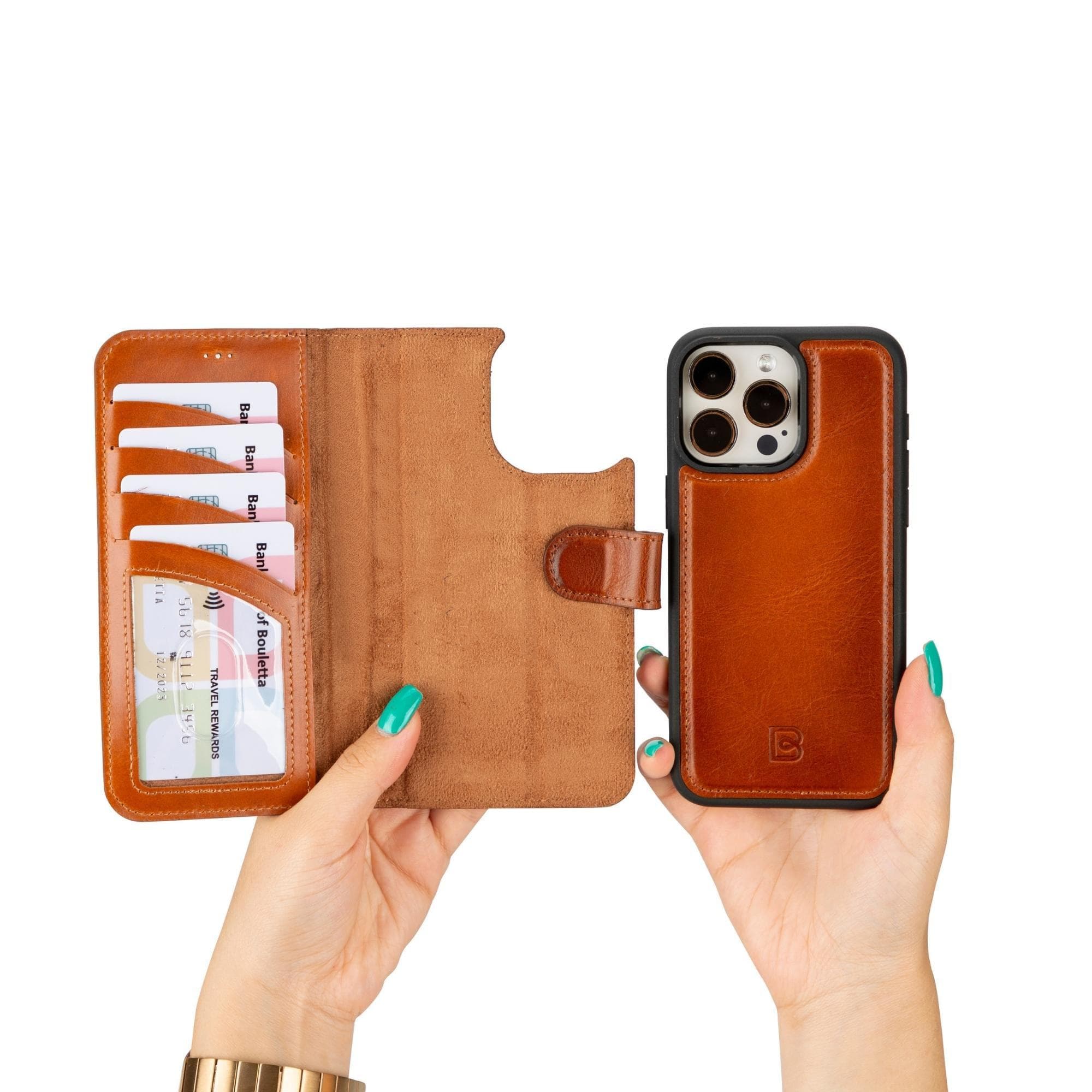 Étui portefeuille amovible en cuir véritable pour iPhone 15 Pro (6,1")