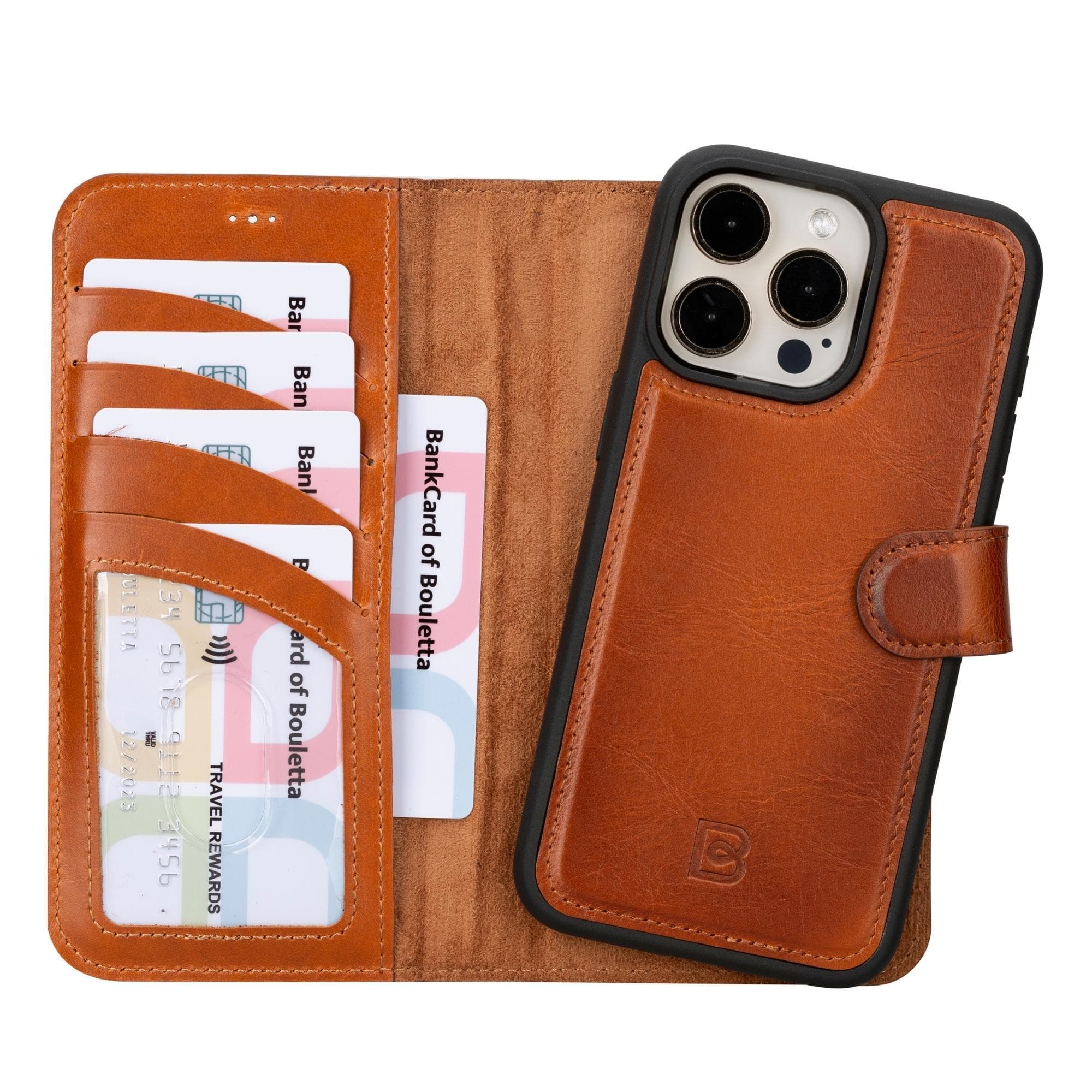 Étui portefeuille amovible en cuir véritable pour iPhone 15 Pro (6,1")