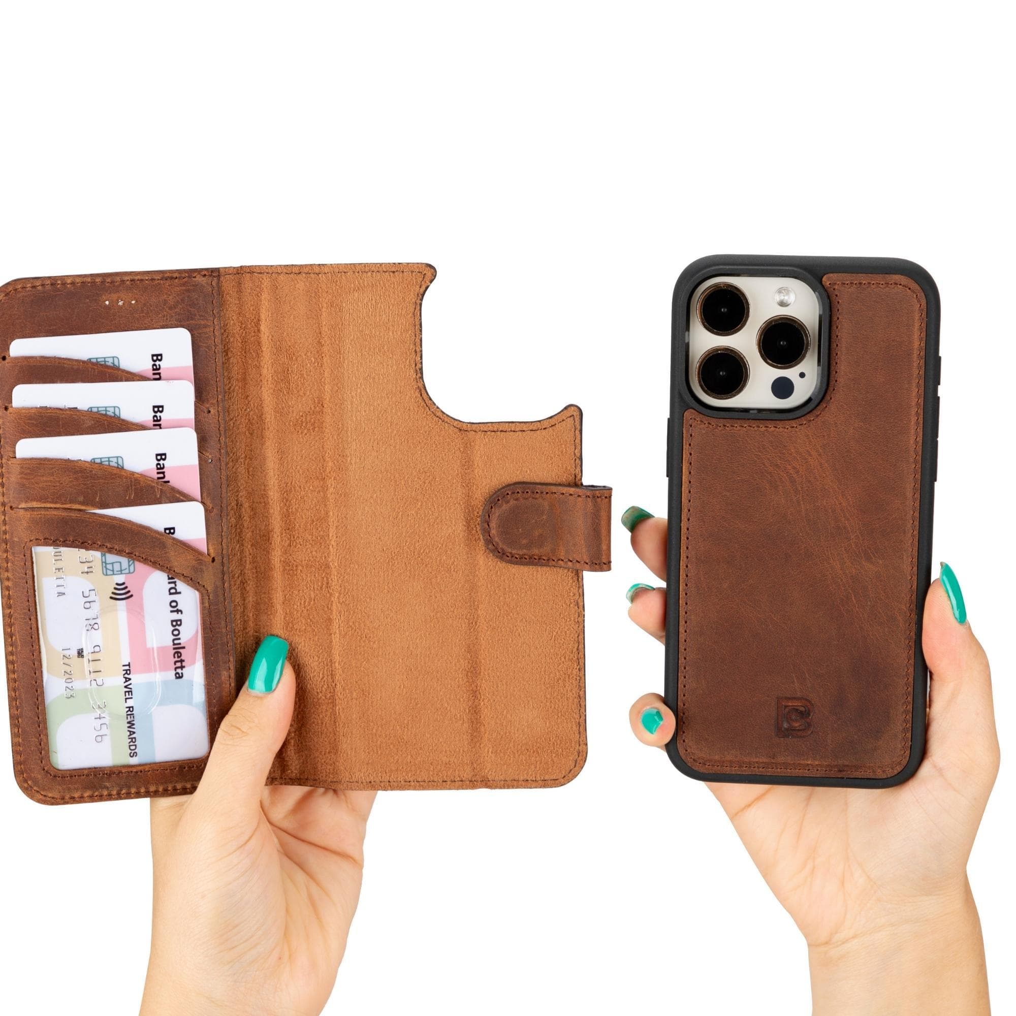 Étui portefeuille amovible en cuir véritable pour iPhone 15 Pro Max (6,7")