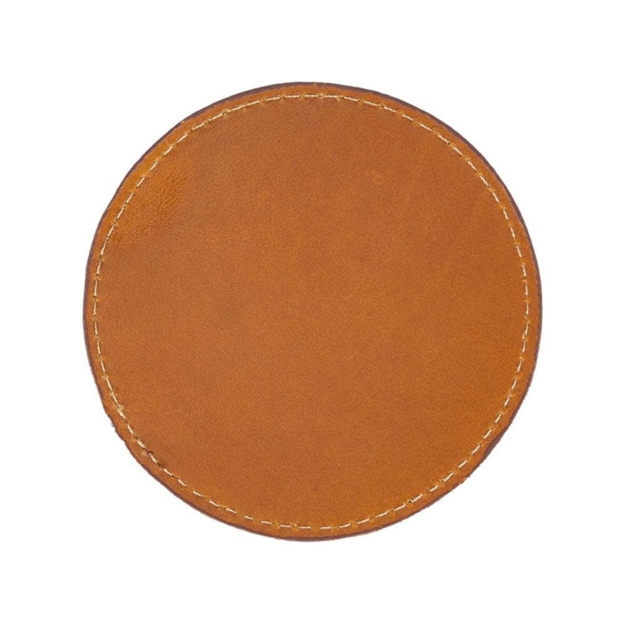A single black genuine leather cup coaster with visible stitching around the edge.