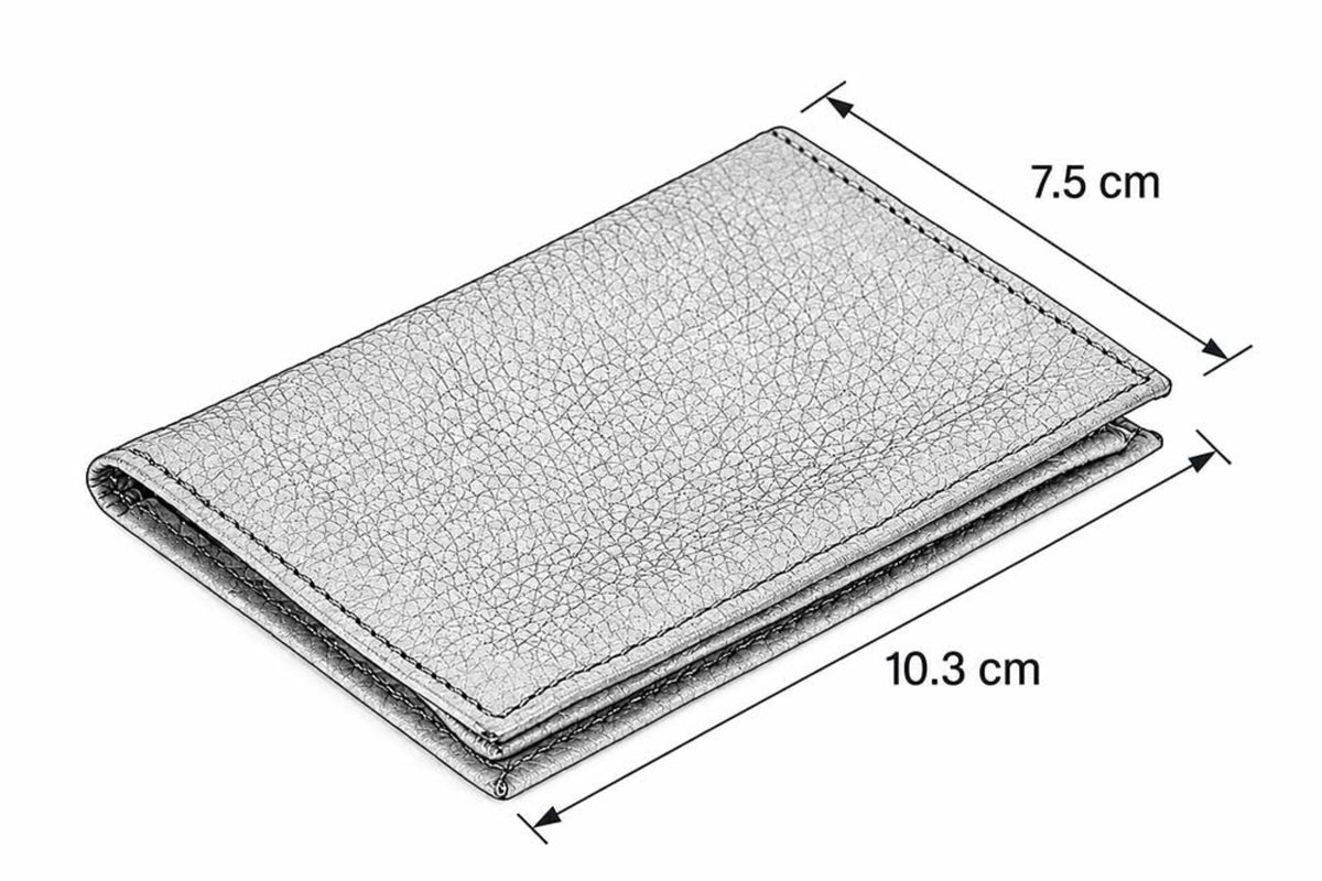 A folded leather wallet shown on a white background with dimension arrows and labels indicating 7.5 cm height and 10.