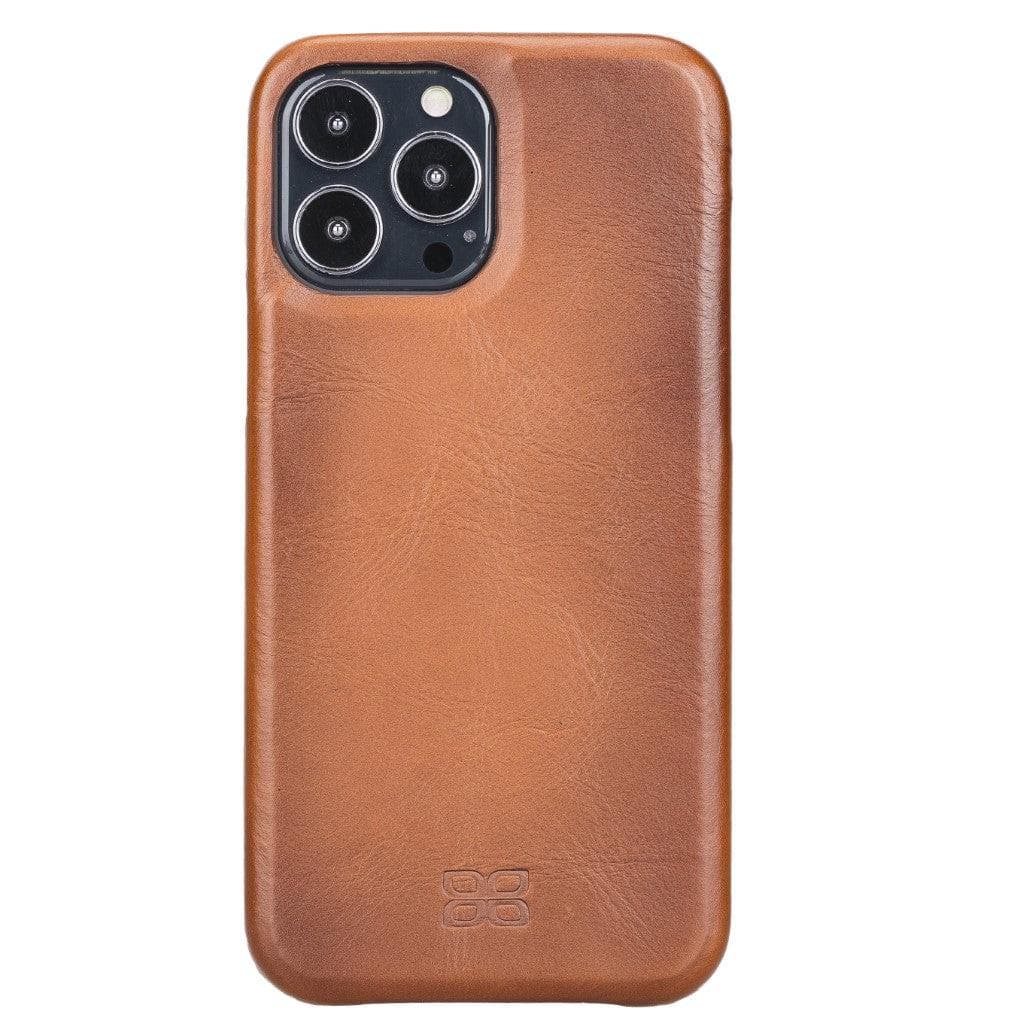 A brown genuine leather back cover for an iPhone 13 series, displayed on a reflective surface.