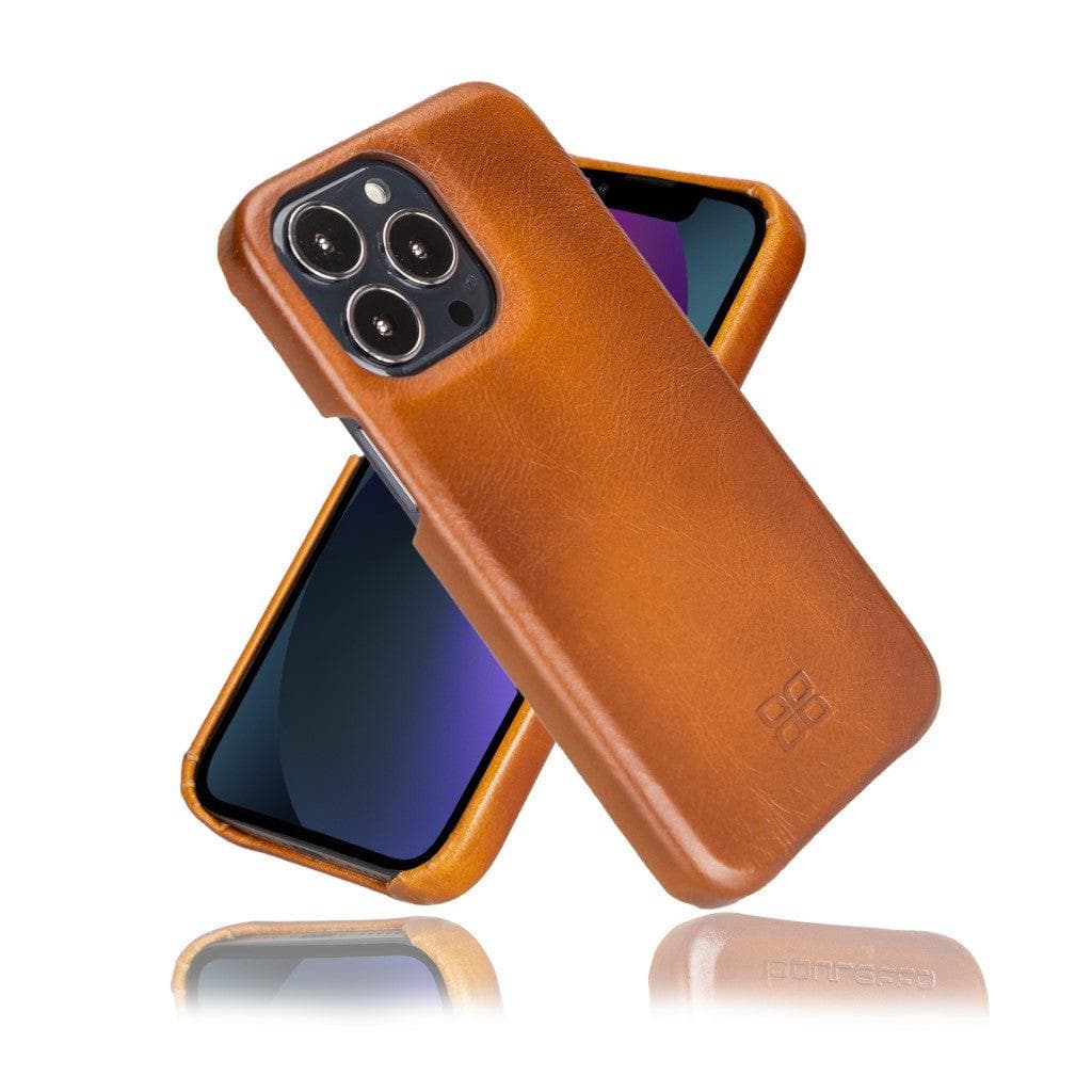 A brown genuine leather back cover for an iPhone 13 series, displayed on a reflective surface.