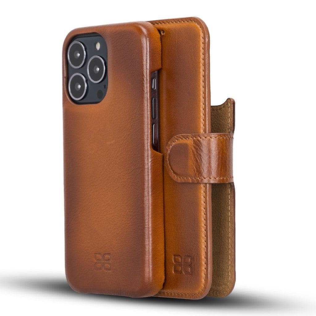 A brown genuine leather wallet case for iPhone 13 Series with a detachable section showcasing the multiple cardholders and the kick-stand functionality.