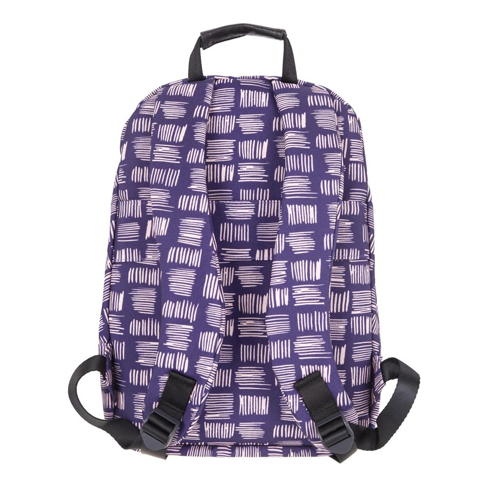Purple backpack with white geometric pattern on a white background