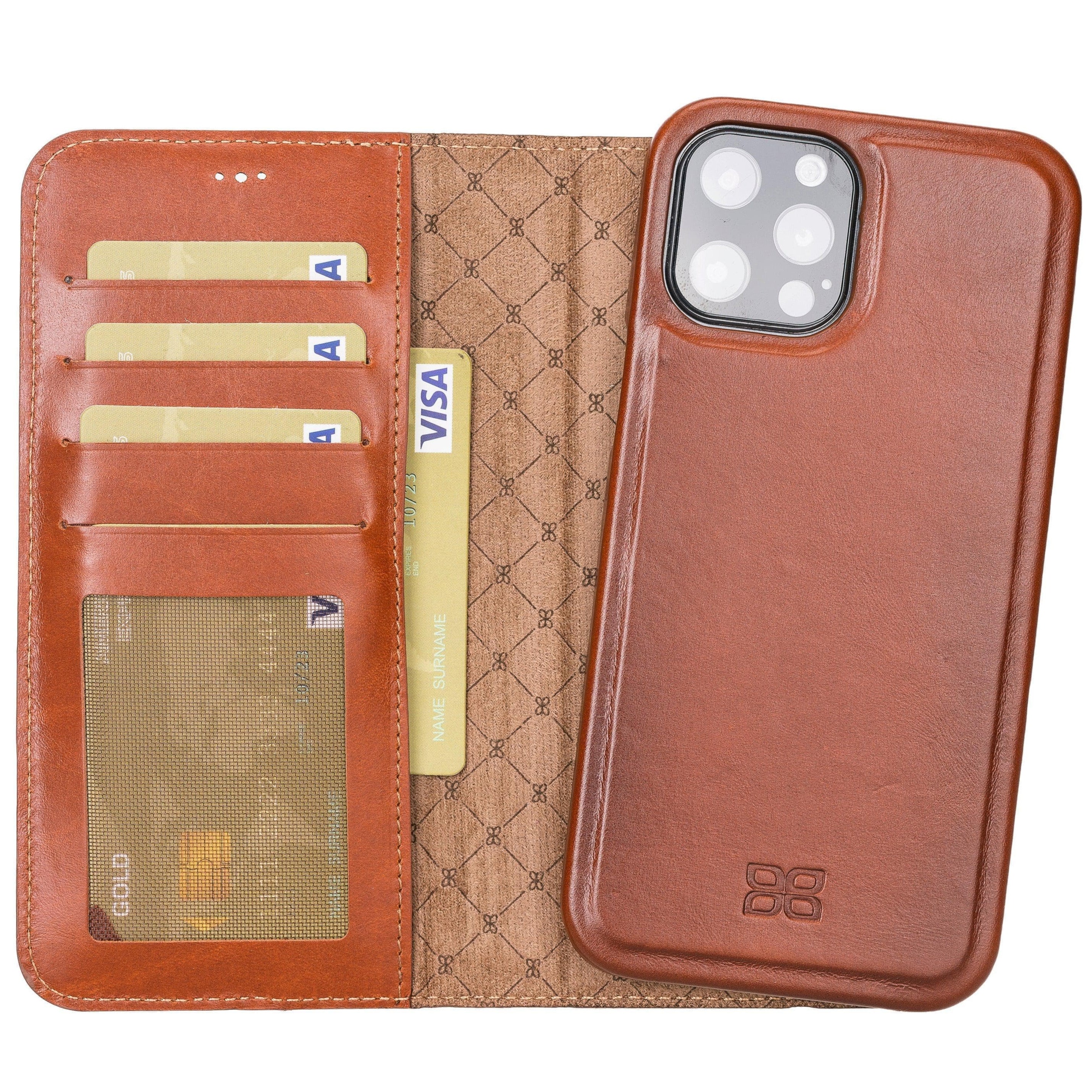 A brown genuine leather wallet case for iPhone 12 series, open to show the cardholders and the interior lining.