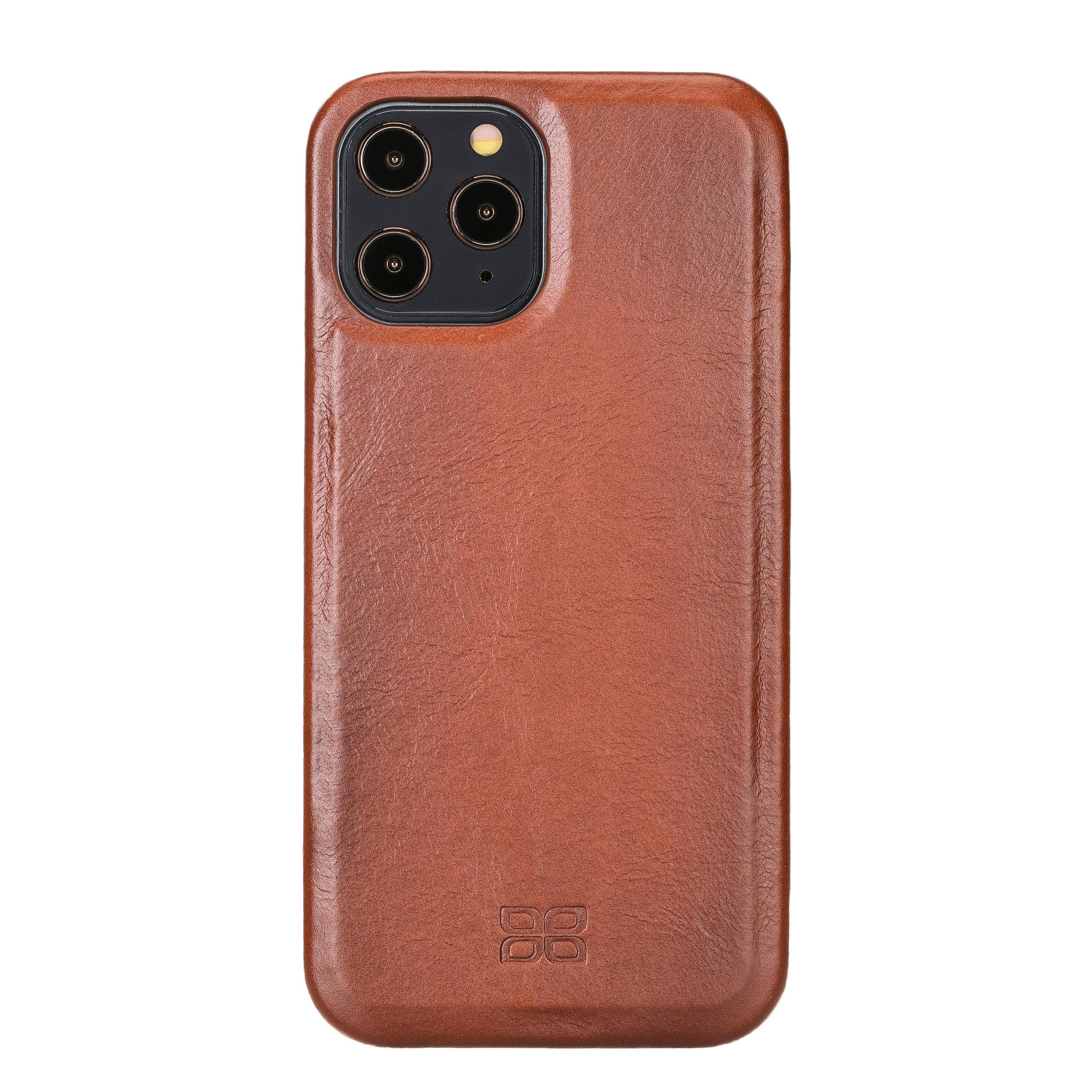 Brown genuine leather mobile phone case for iPhone 12 series with camera and charging port access.
