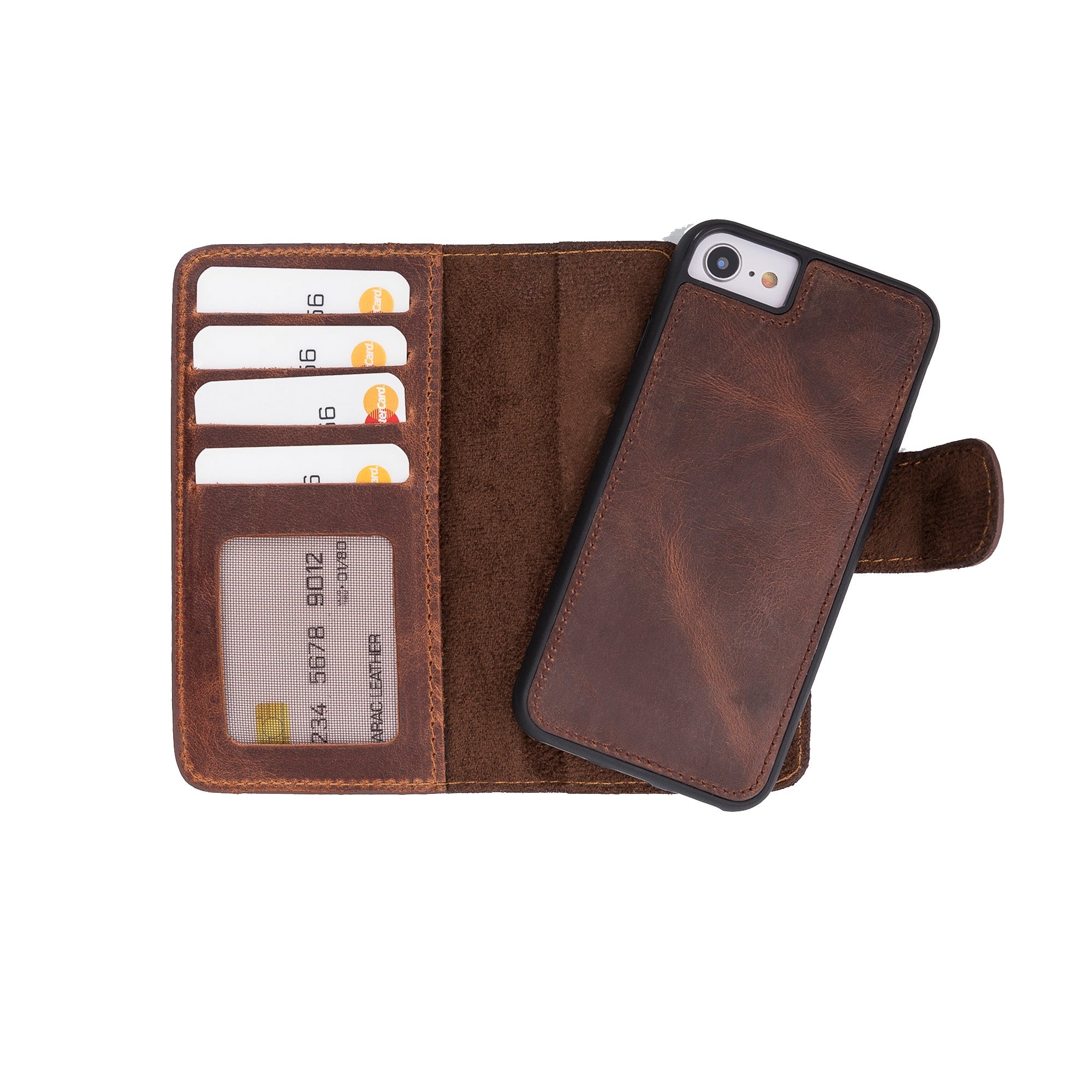 A brown genuine leather wallet case for iPhone 16E, displayed open to show card slots and a magnetic closure, and closed as a case around an iPhone.