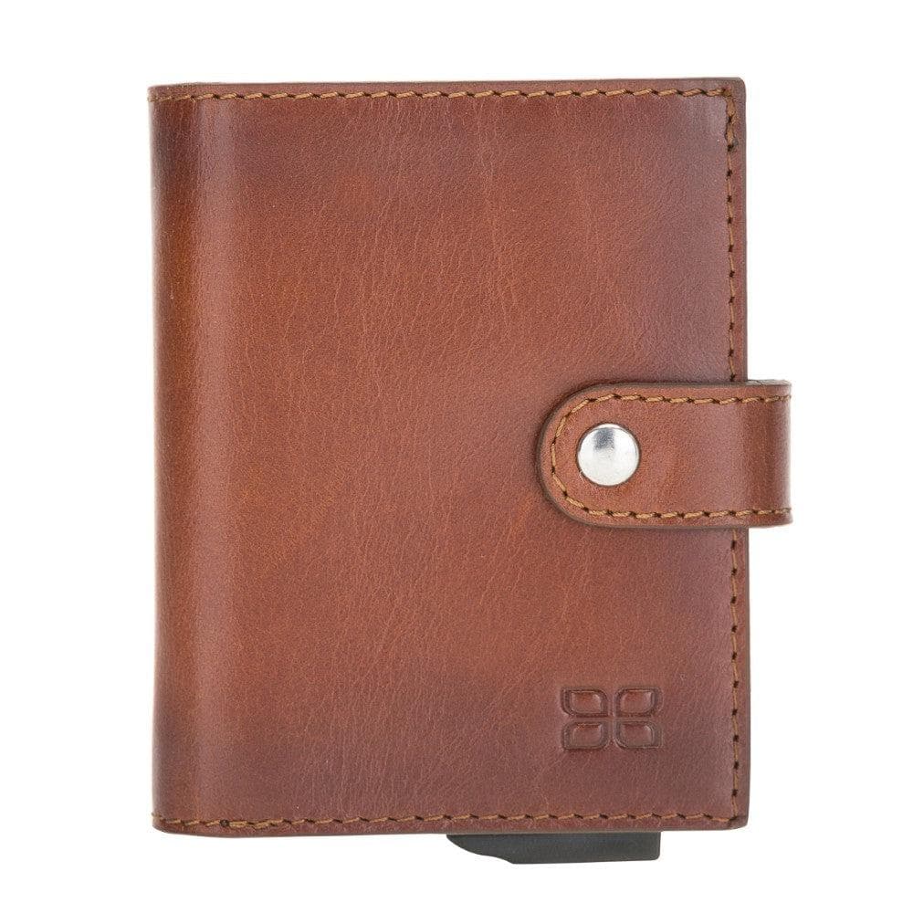 A brown genuine leather zip mechanical card holder with a buckle closure.