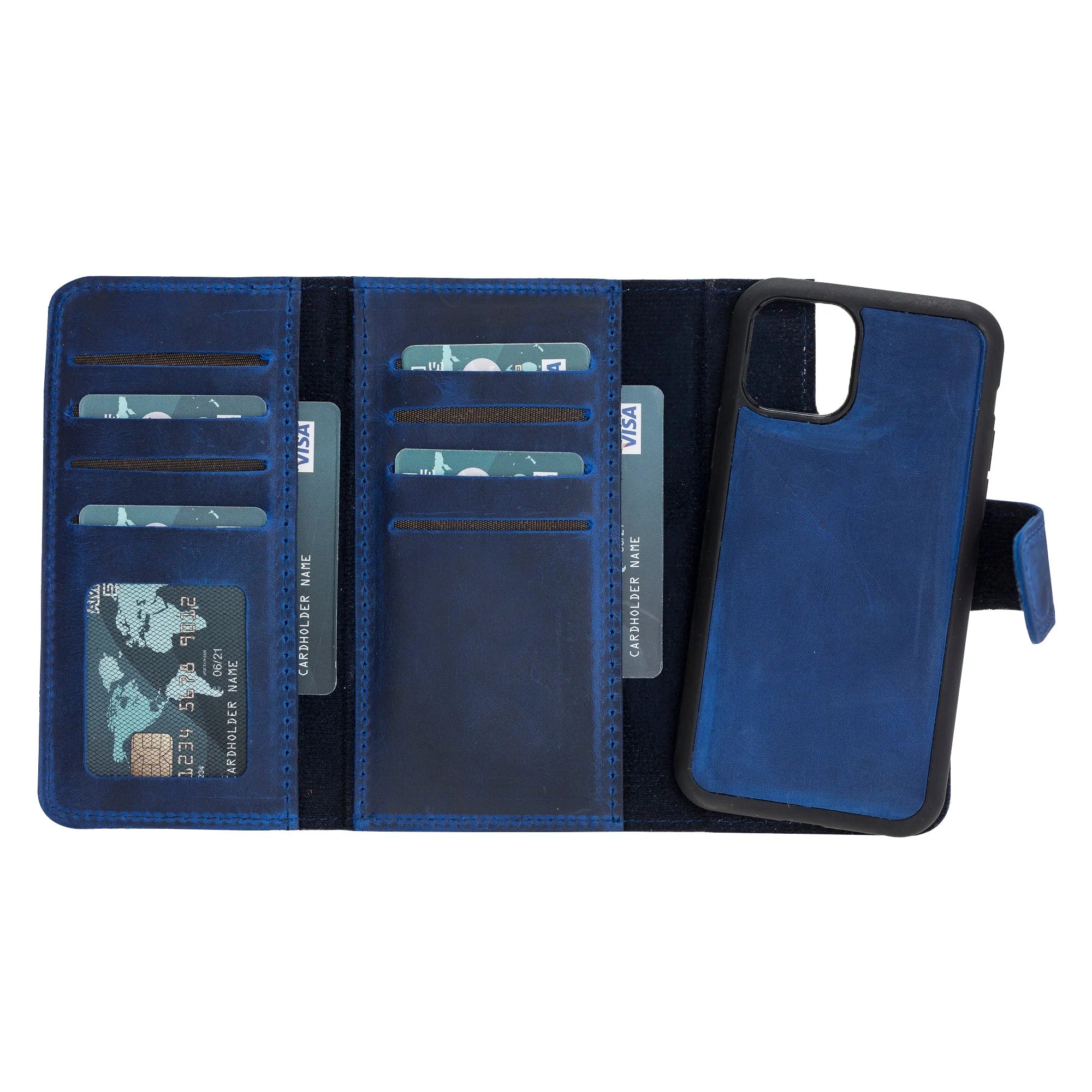 Blue phone case with card slots on a white background