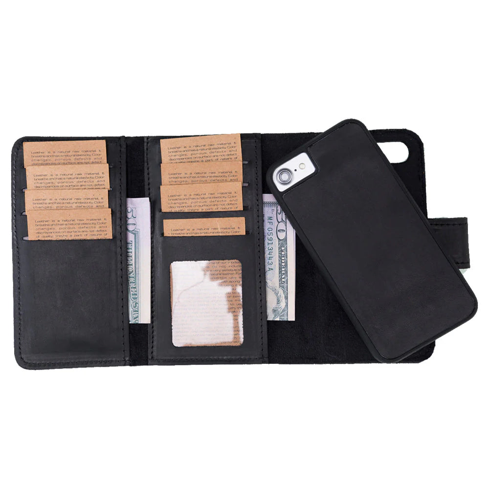 Black wallet with compartments for cards and a phone on a white background
