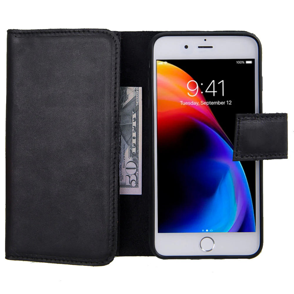 Black phone case with a built-in card holder and phone inside displaying a colorful screen.