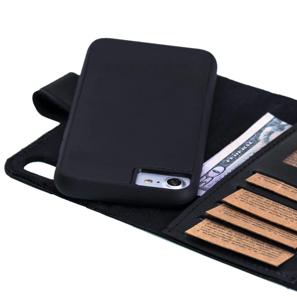 Black phone case with card slots and a bill pocket on a white background