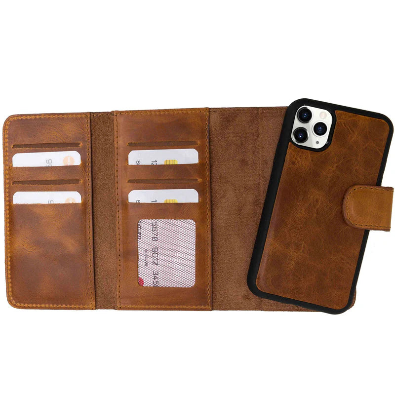 Brown leather phone wallet with card slots and phone holder on a white background