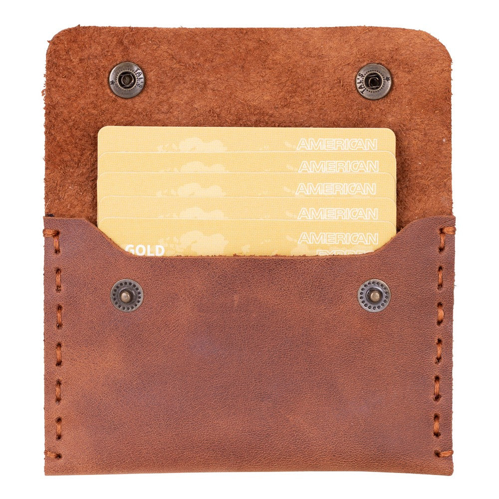 Brown leather card holder with snap closure