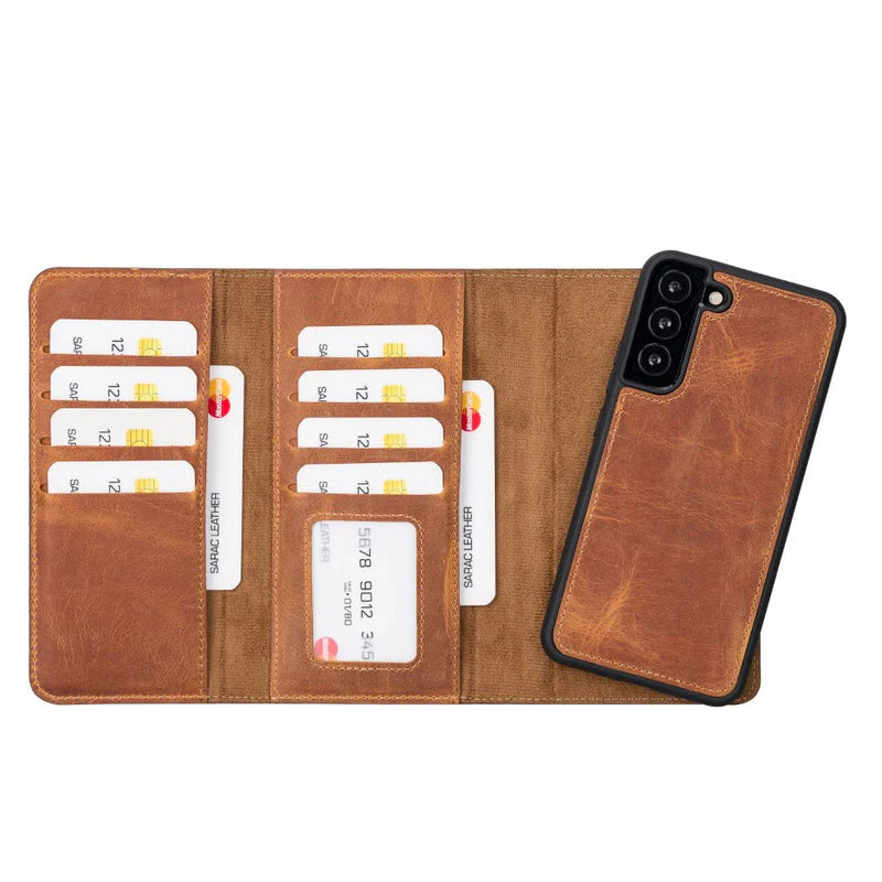 Brown leather phone case with card slots and phone pocket on a white background