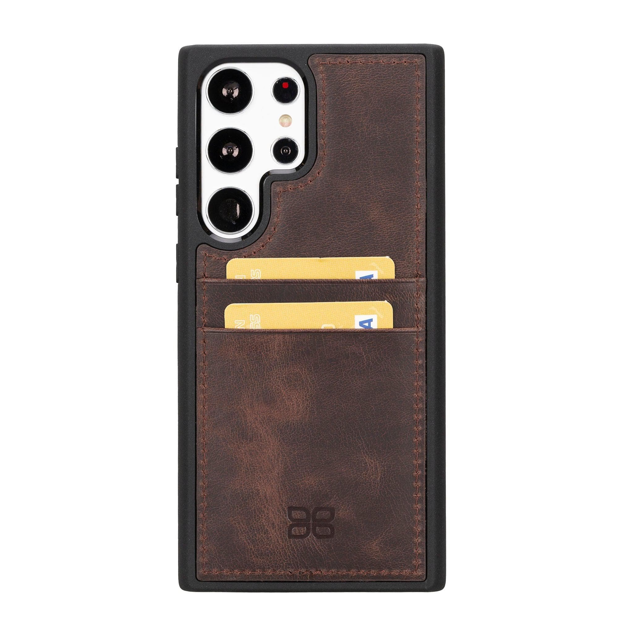 A brown genuine leather back cover with card holder for Samsung Galaxy S24, displayed in an crossed position showing both sides.