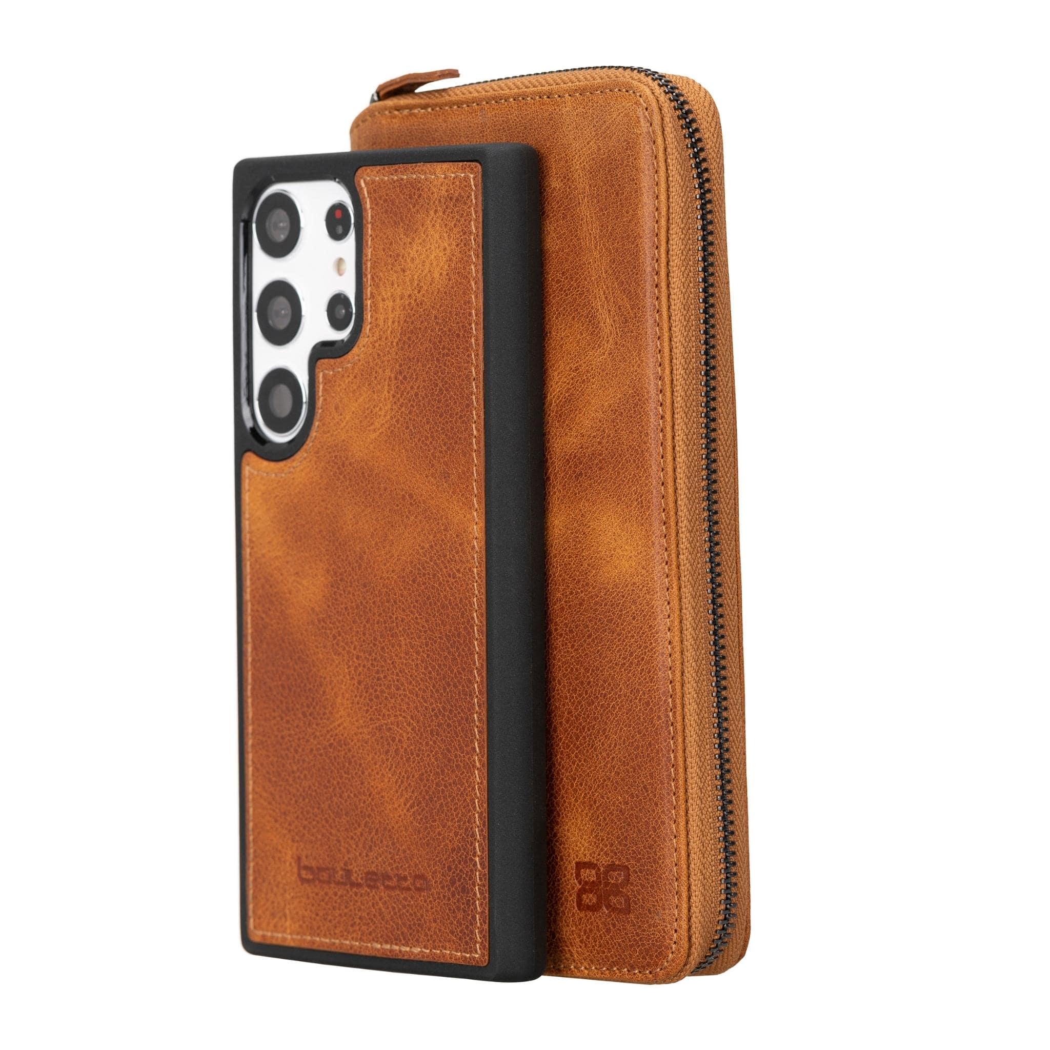 A brown zippered leather wallet case for Samsung Galaxy S24 Ultra, showing the front and back view with the case closed.