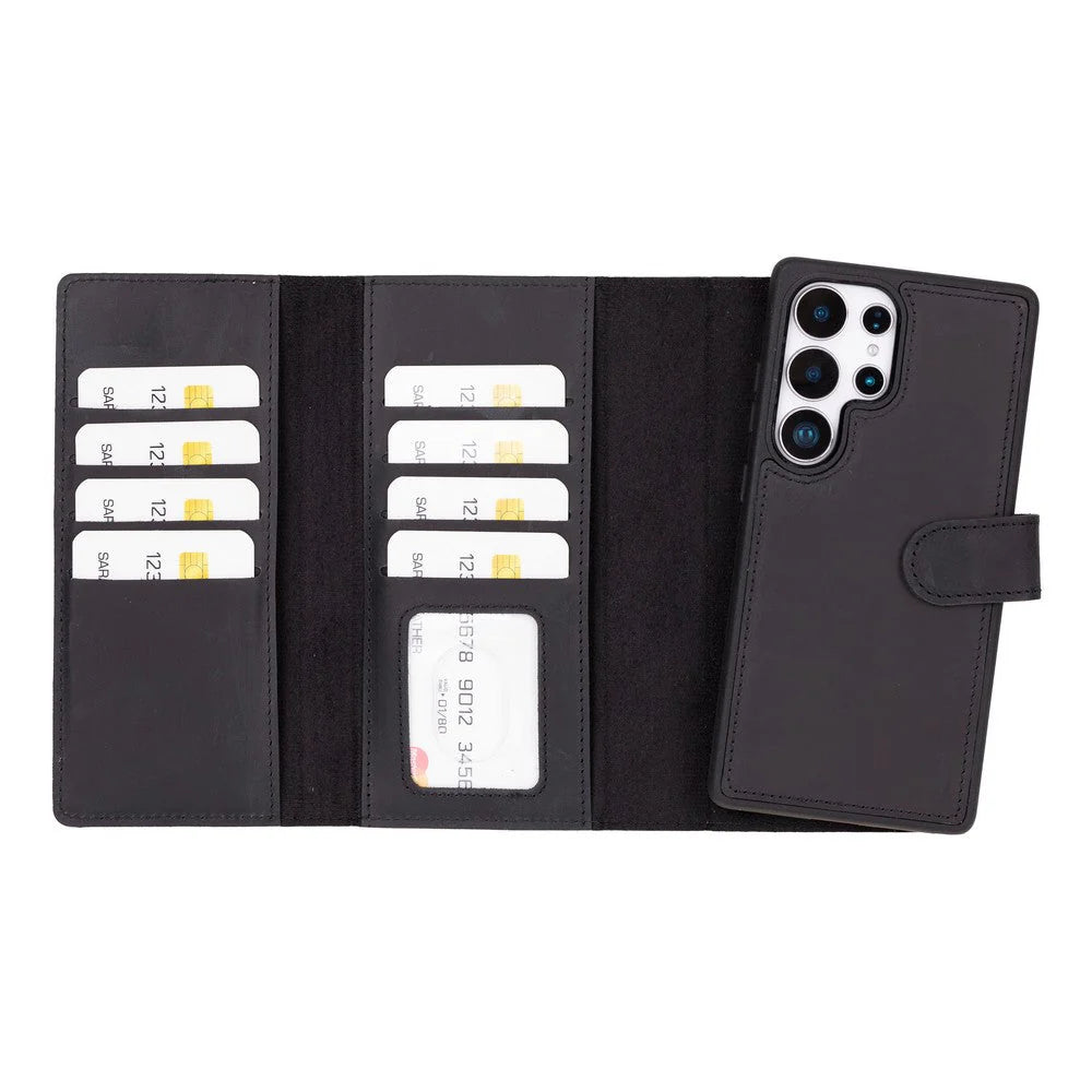 Black phone case with card slots and phone pocket on a white background