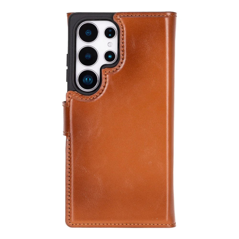 Brown leather phone case with a phone visible through a cutout on a white background
