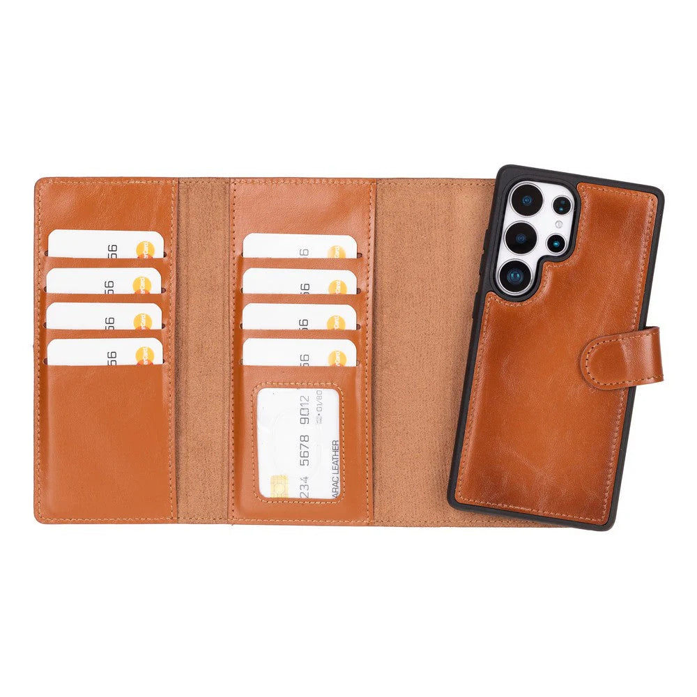 Brown leather wallet with card slots and phone case on a white background