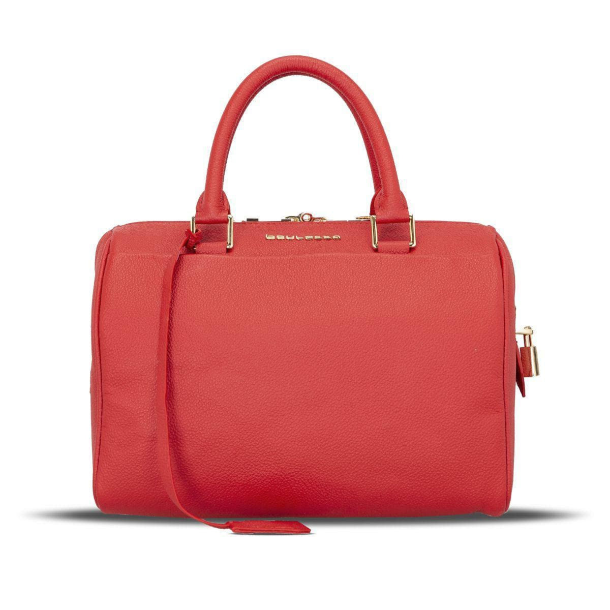 A red genuine leather women's handbag with gold zipper detailing and a brand logo on the front.