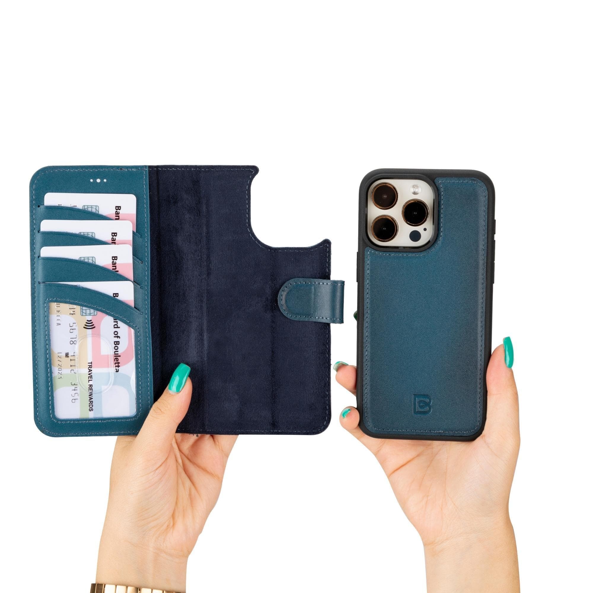 Étui portefeuille amovible en cuir véritable pour iPhone 15 Pro (6,1")