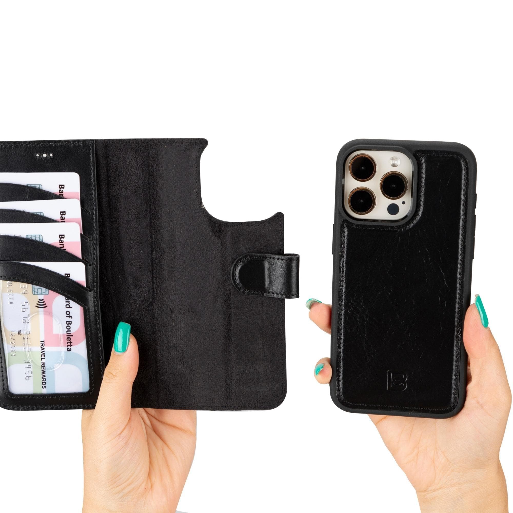 Étui portefeuille amovible en cuir véritable pour iPhone 15 Pro (6,1")