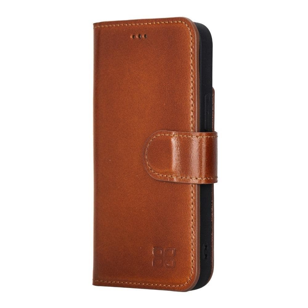 A brown genuine leather wallet case for iPhone 13 series with a magnetic closure.