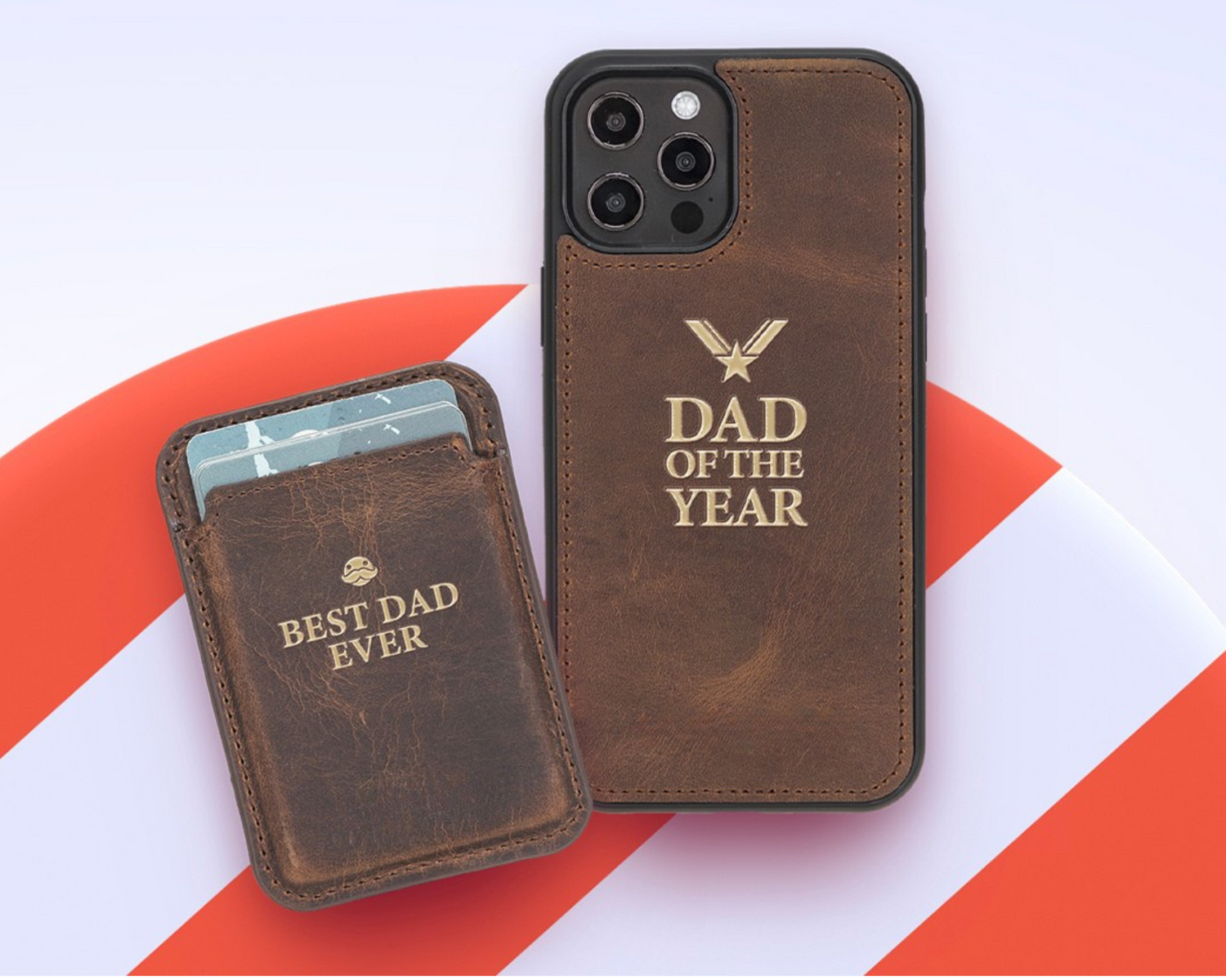 Personalized leather phone case and card holder with Father’s Day messages