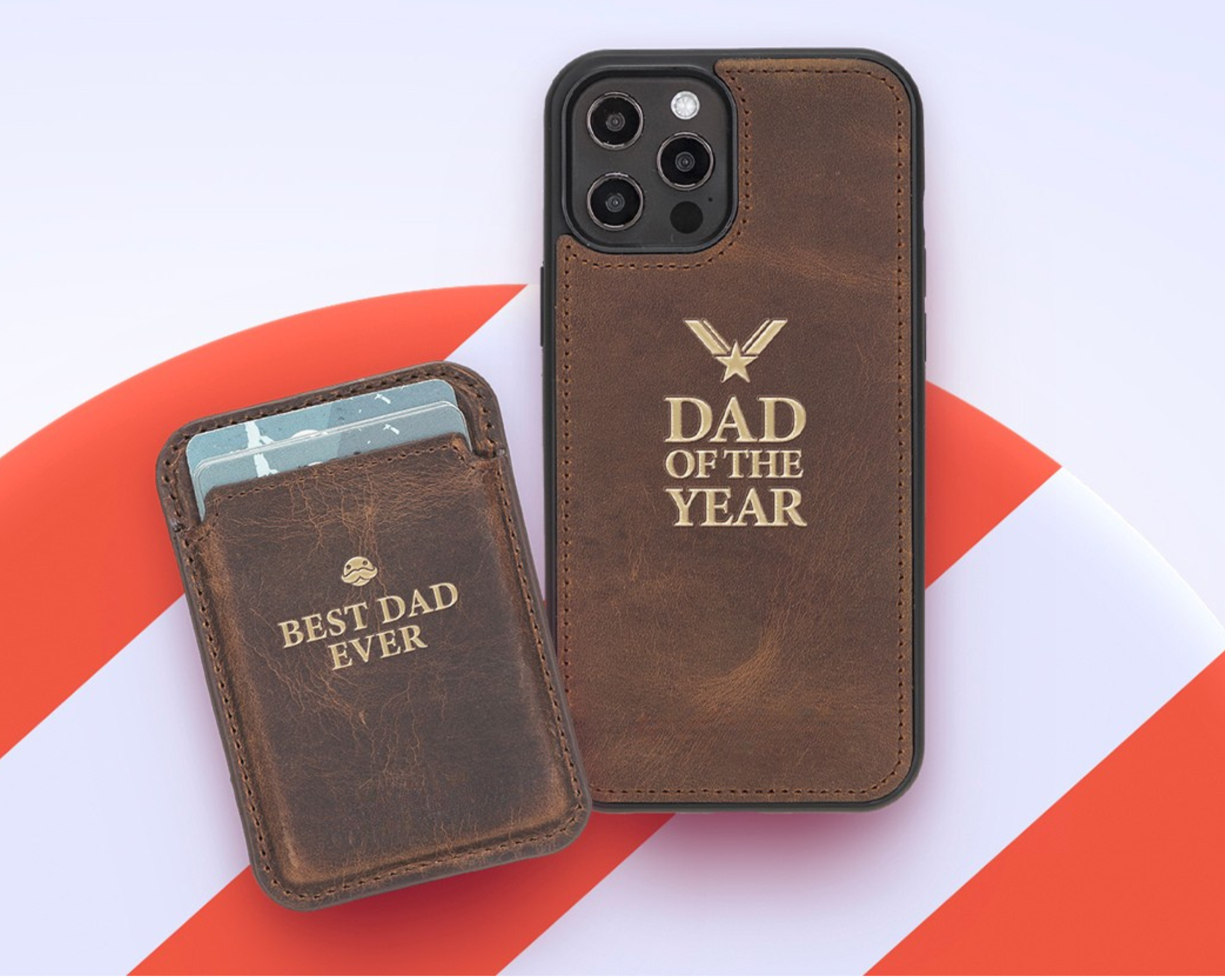 Personalized leather phone case and card holder with Father’s Day messages