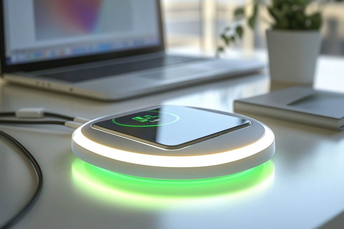 Smartphone charging wirelessly on an illuminated charging pad beside a laptop