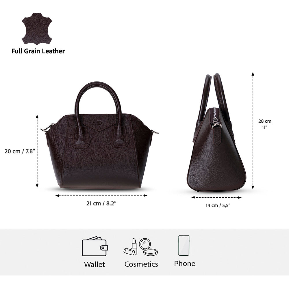 Black leather handbag with dimensions and item capacity indicators on a white background