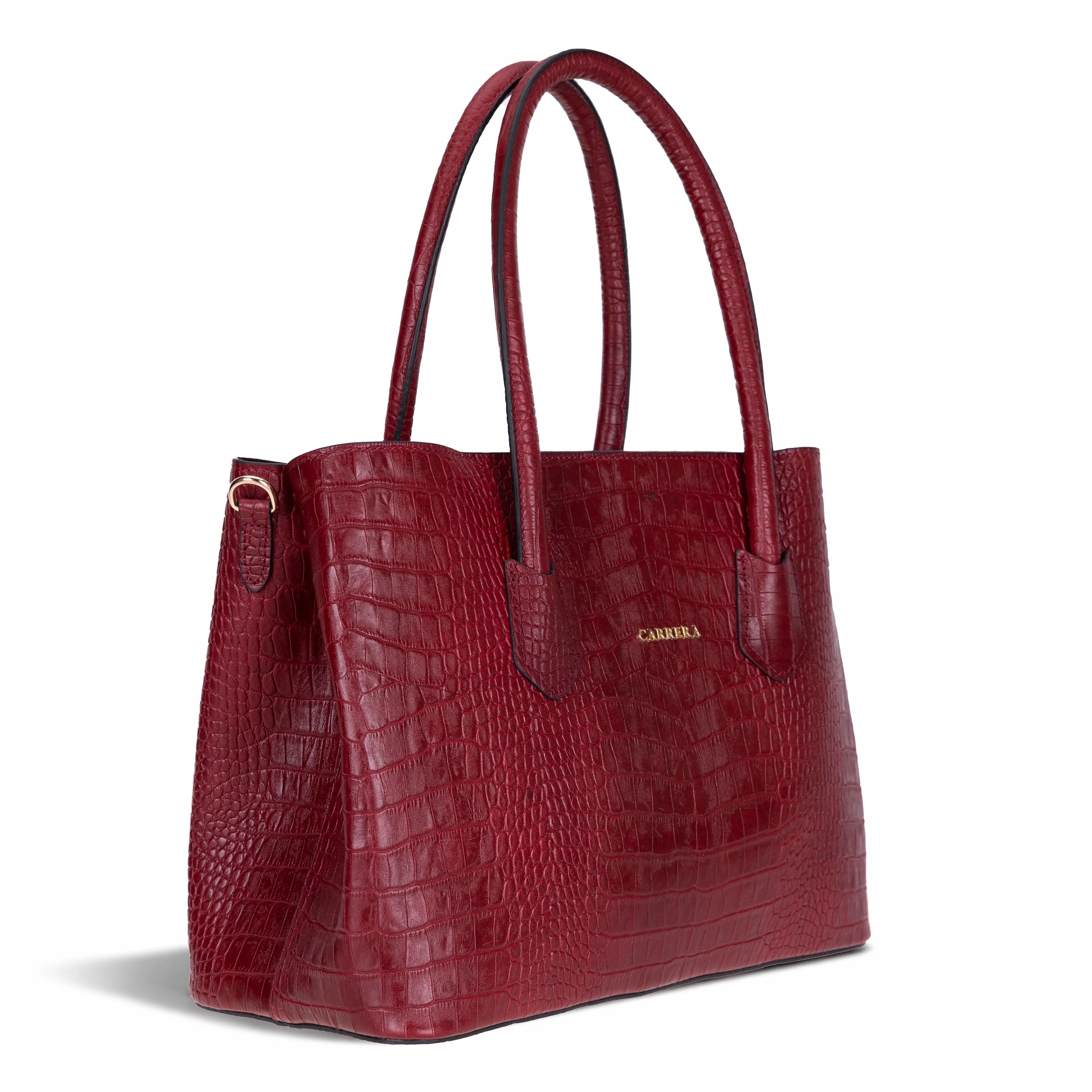 Red crocodile-patterned handbag with gold clasp on a white background