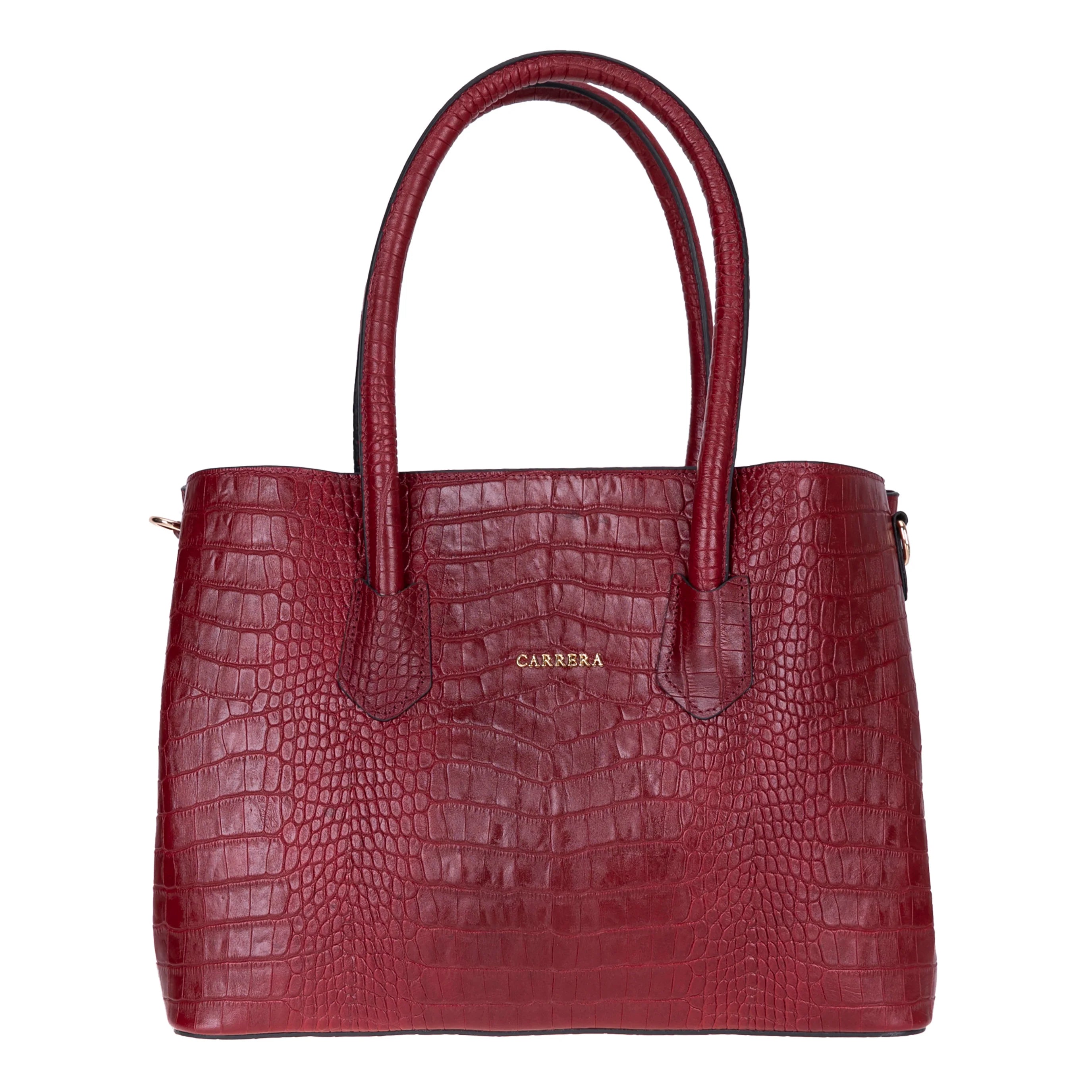 Red textured handbag with 'Carrera' branding on a white background