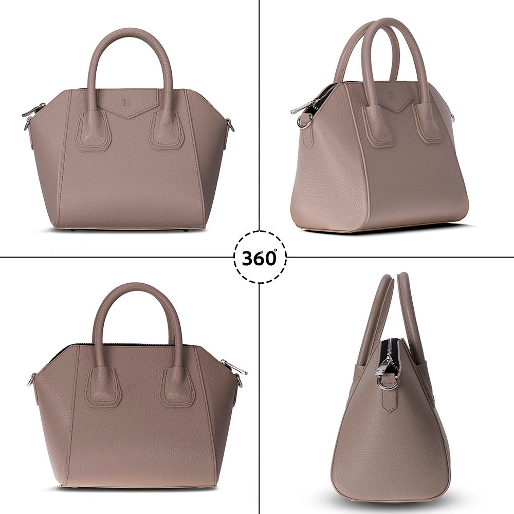 Beige handbag shown from multiple angles on a white background