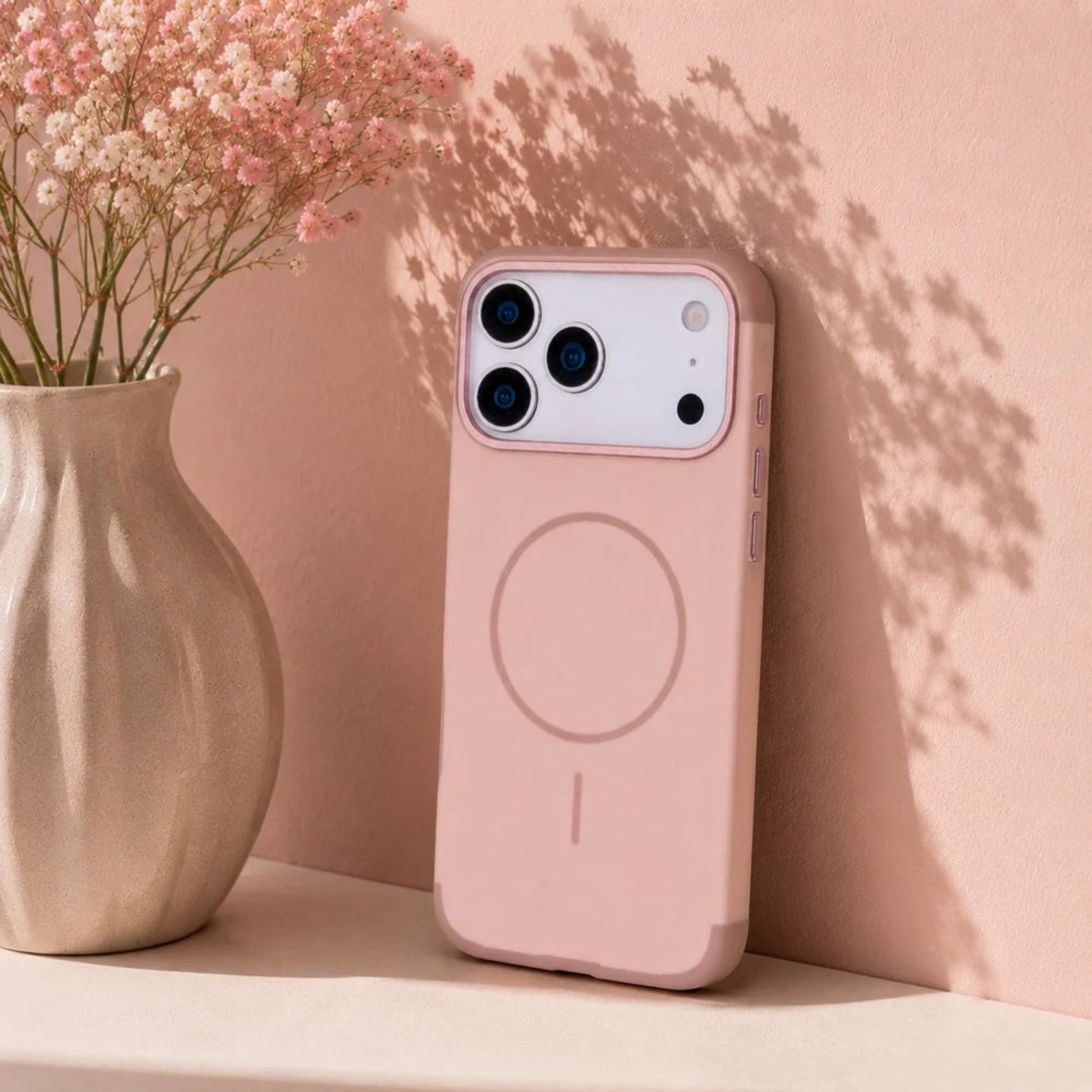Pink phone case with a floral arrangement on a pink background