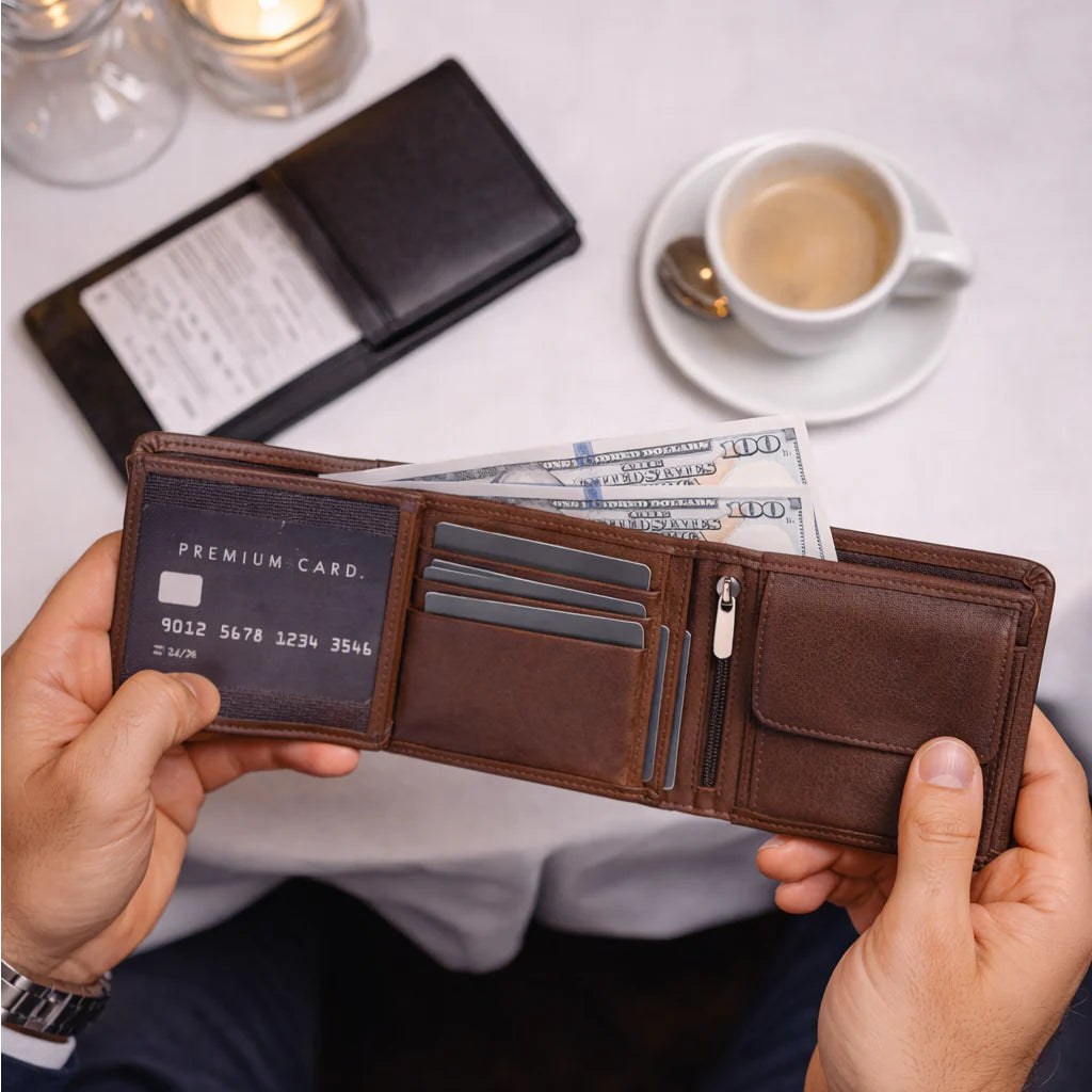 Brown leather wallet with money and cards held by hands on a table with a cup of coffee.