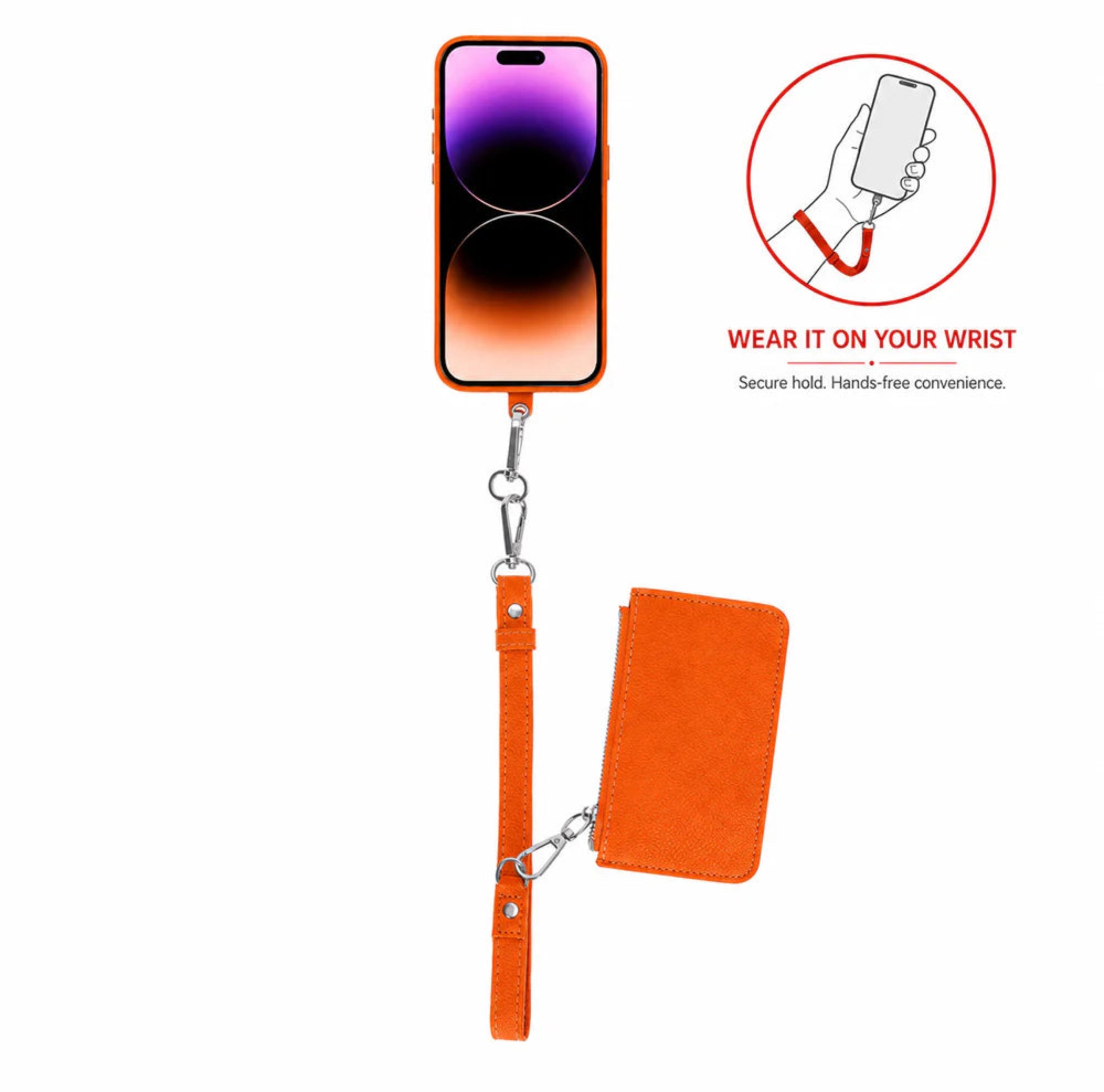 An orange phone case with an attached wrist strap and small card holder pouch, shown on a white background. A phone is inserted for demonstration, and a circular inset diagram at the top right illustrates how the strap is worn on the wrist.