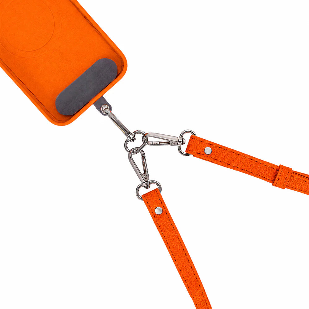 Bright orange phone strap case with a matching orange shoulder strap and silver metal hardware, shown on a plain white background.