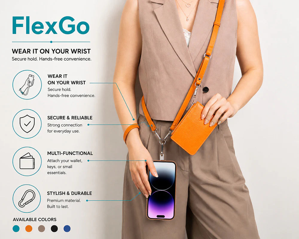 A person wearing a tan blazer and trousers demonstrates the FlexGo wrist strap accessory, which is an orange crossbody pouch with a metal clip attached to the wrist. The image includes text callouts explaining the product's features: 'WEAR IT ON YOUR WRIST', 'SECURE & RELIABLE', 'MULTI-FUNCTIONAL', and 'STYLISH & DURABLE'.