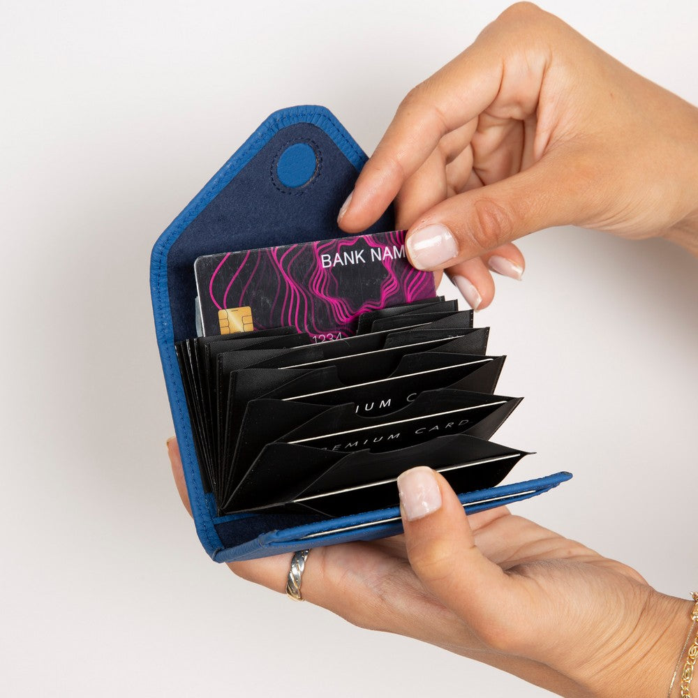 Stylish blue leather card holder with accordion interior design