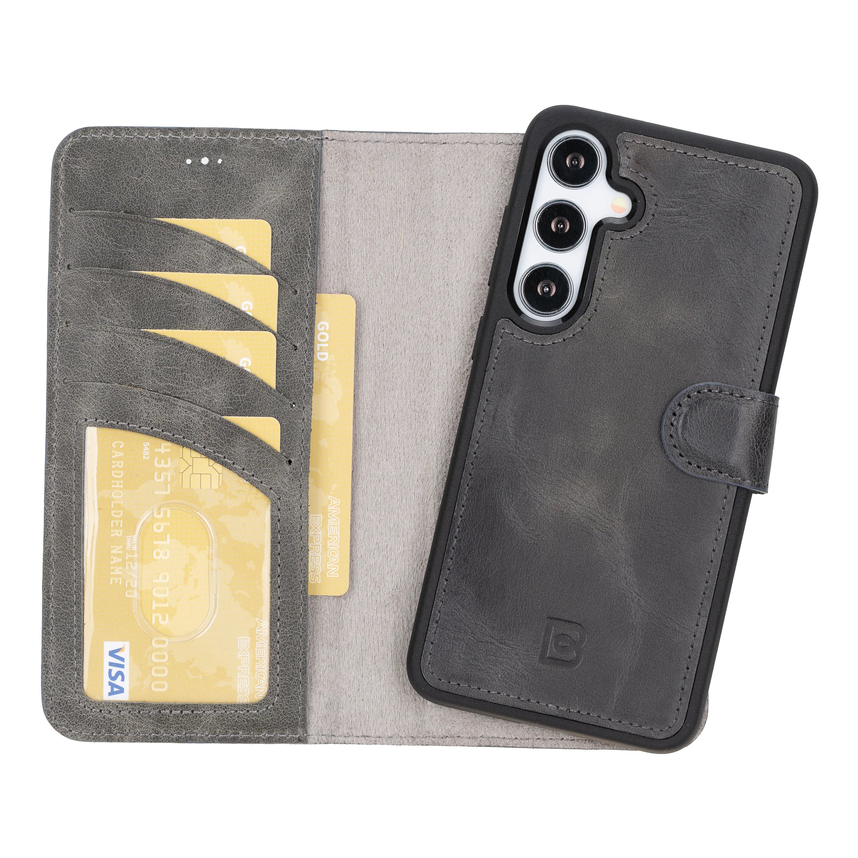 Phone case with card slots and phone attachment on a white background