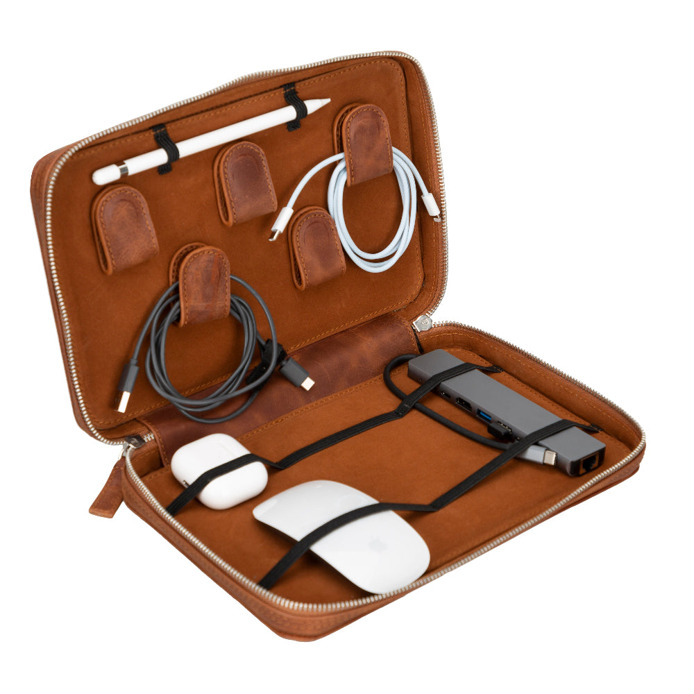 Premium genuine leather travel cable organizer with zippered case by Bouletta
