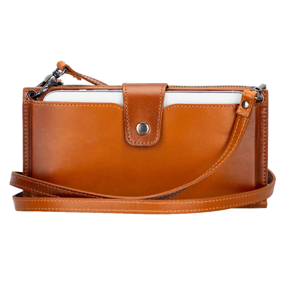 Lozan genuine leather crossbody wallet with card slots, coin zip, phone pocket, and shoulder strap